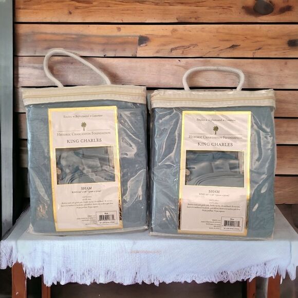 Historic Charleston Foundation King  Charles Shams Set Of 2 NEW Blue Textured. - Picture 14 of 16